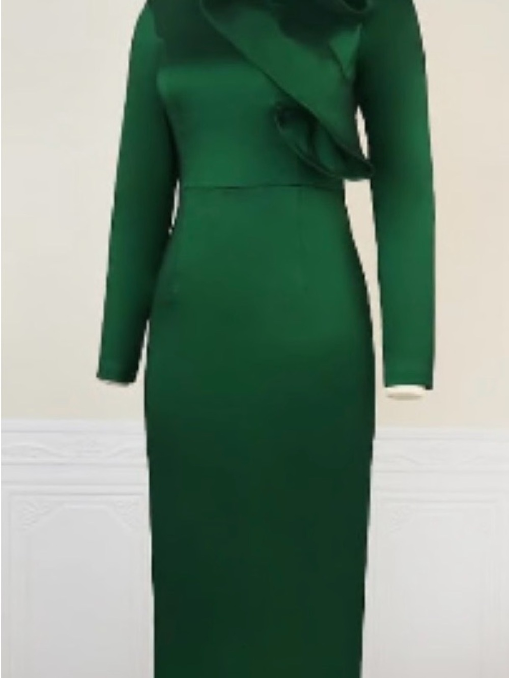 Aomei Elegant Emerald Green Ruffle-Accent Midi Dress - Picture 3 of 4
